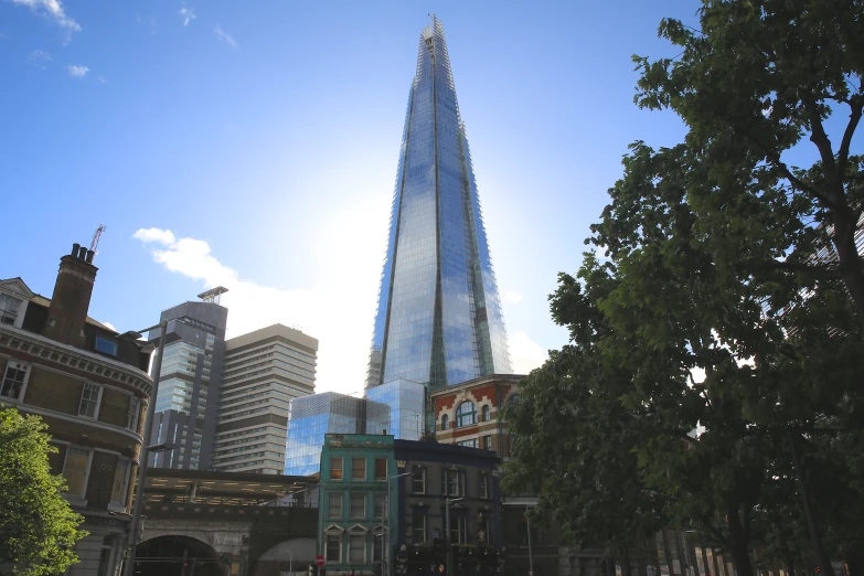 a city skyline with a tall glass building in the distance