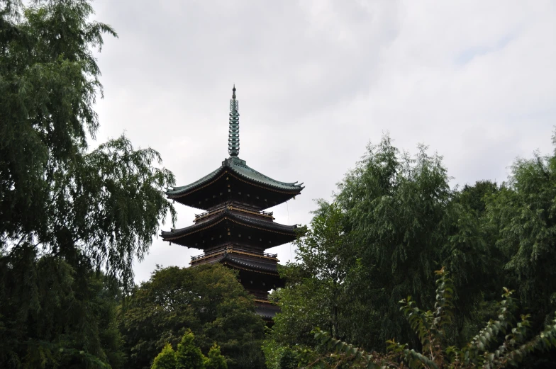 a tower stands over trees with green foliage