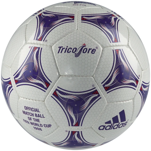 a soccer ball that has a white, red and purple pattern on it