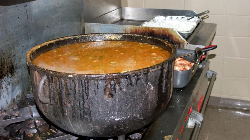 there is a pot of soup cooking on an open burner