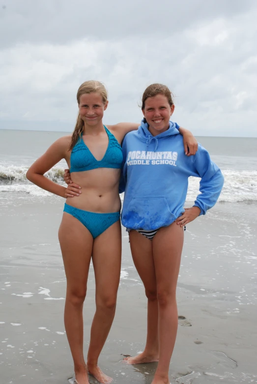 two young ladies are standing by the ocean