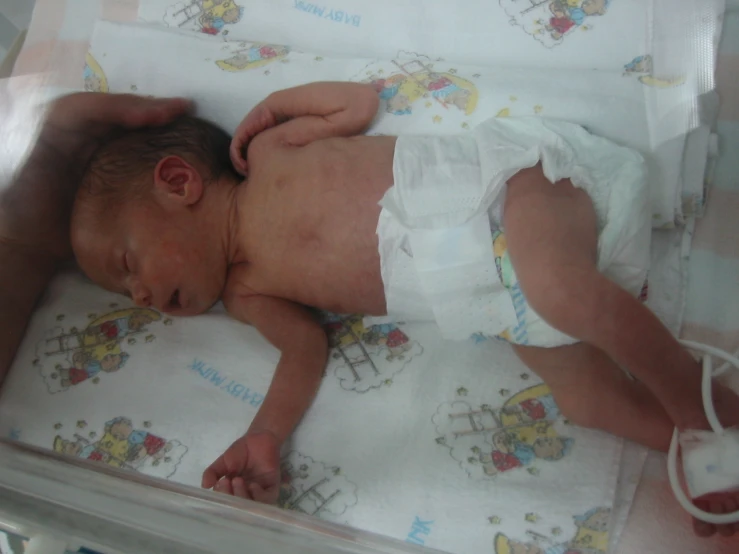 a baby sleeping in a clear box in a hospital