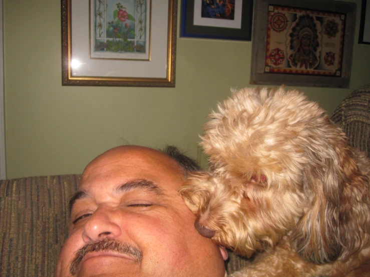 a dog on the man's shoulder is licking it's face