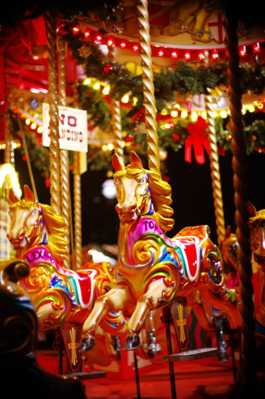 a carousel ride with two horse in a merry go round