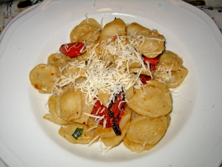 a white plate topped with pasta and cheese