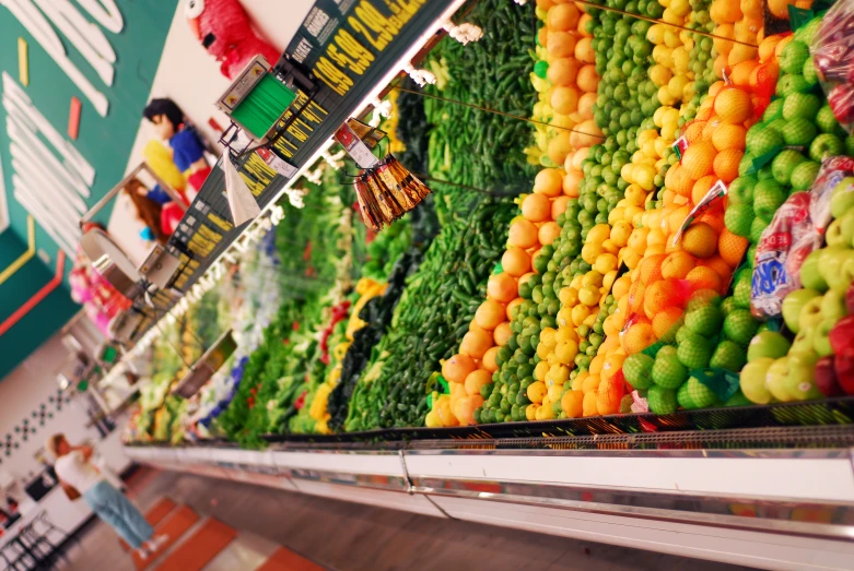 the shelves in the produce section of a supermarket