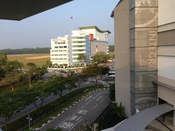 an outside view of some buildings and the street