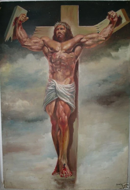 painting of jesus on the cross with his hands in the air