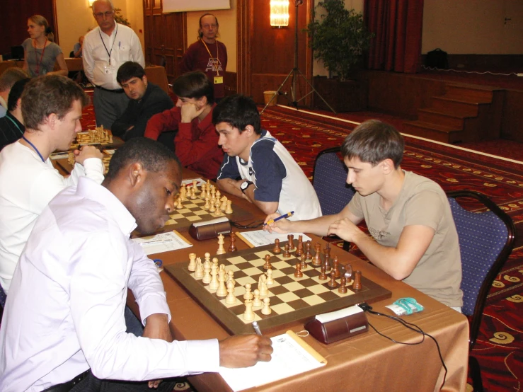 the men are sitting at a table playing chess