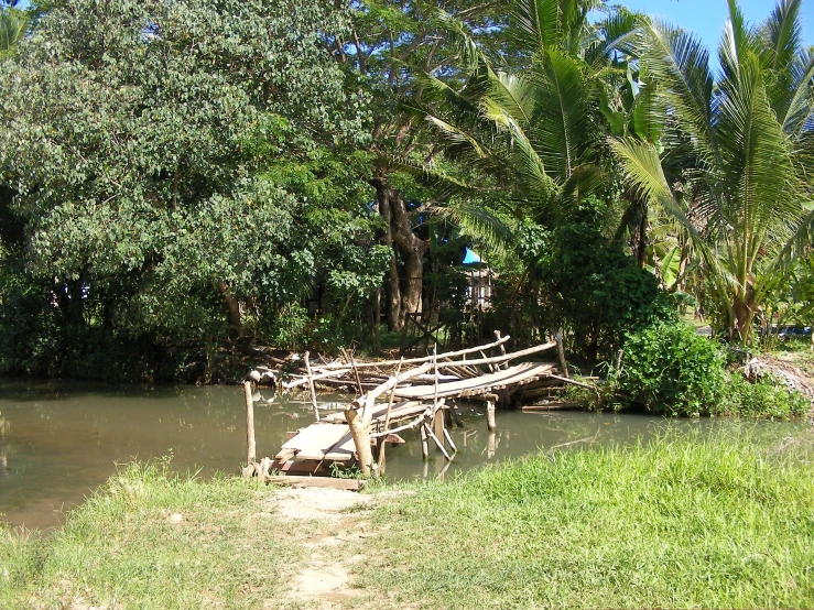 an old boat resting on its mooring platform in the middle of a swampy area