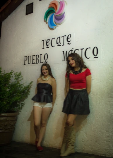 two girls wearing dresses pose for a po
