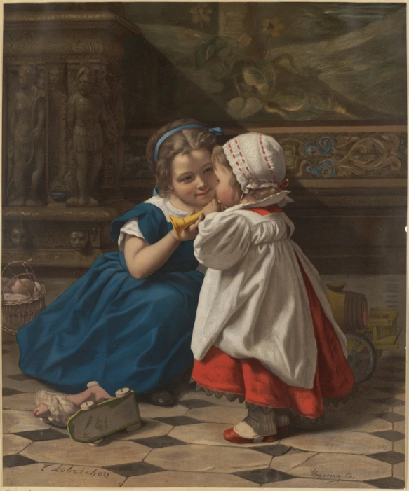 two young children in dresses playing with each other