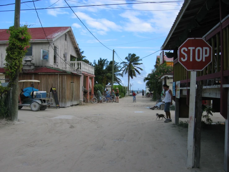 a view of a street from the middle part of town with several houses and people