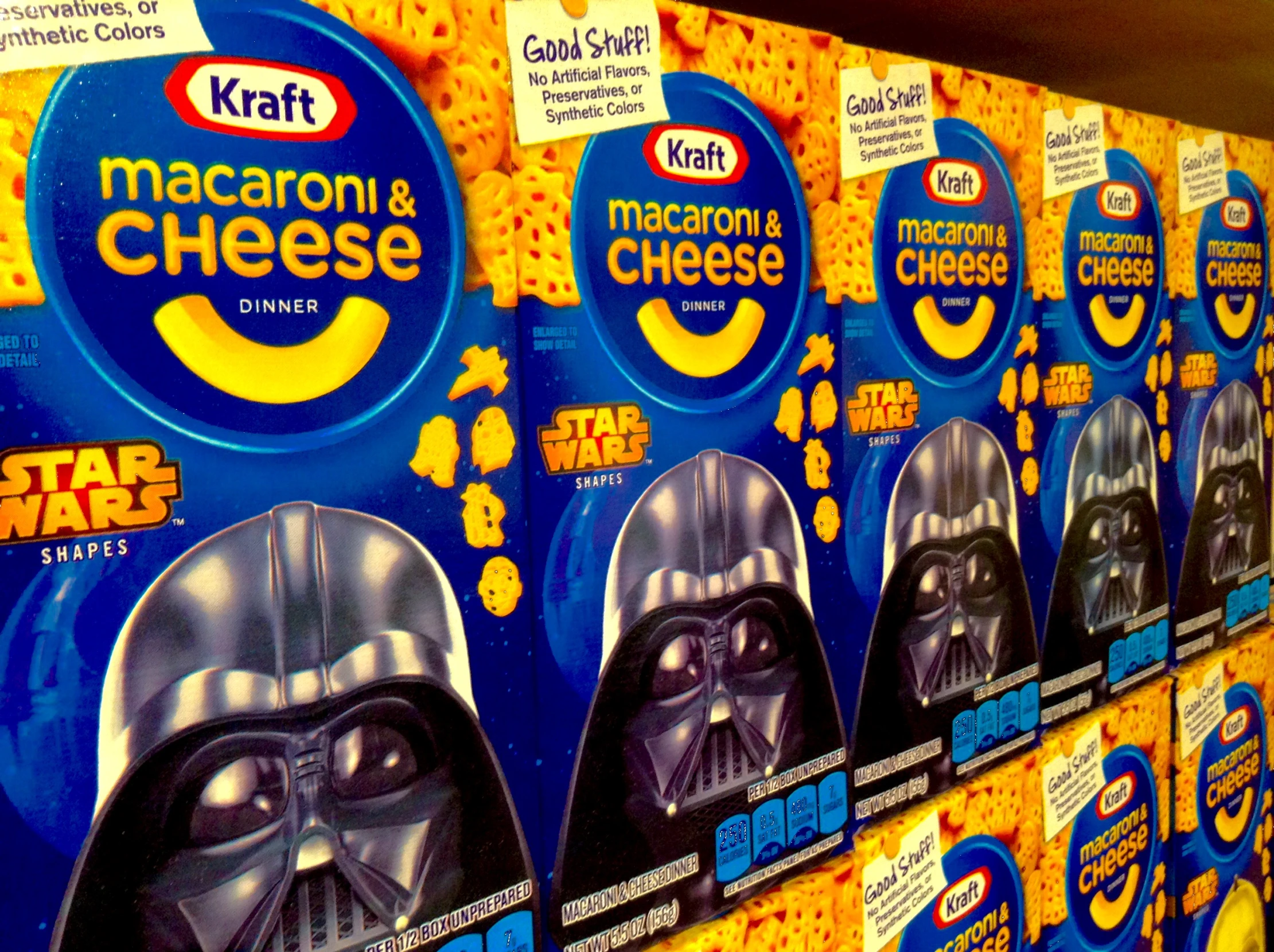 a row of packaged foods with darth vader logos