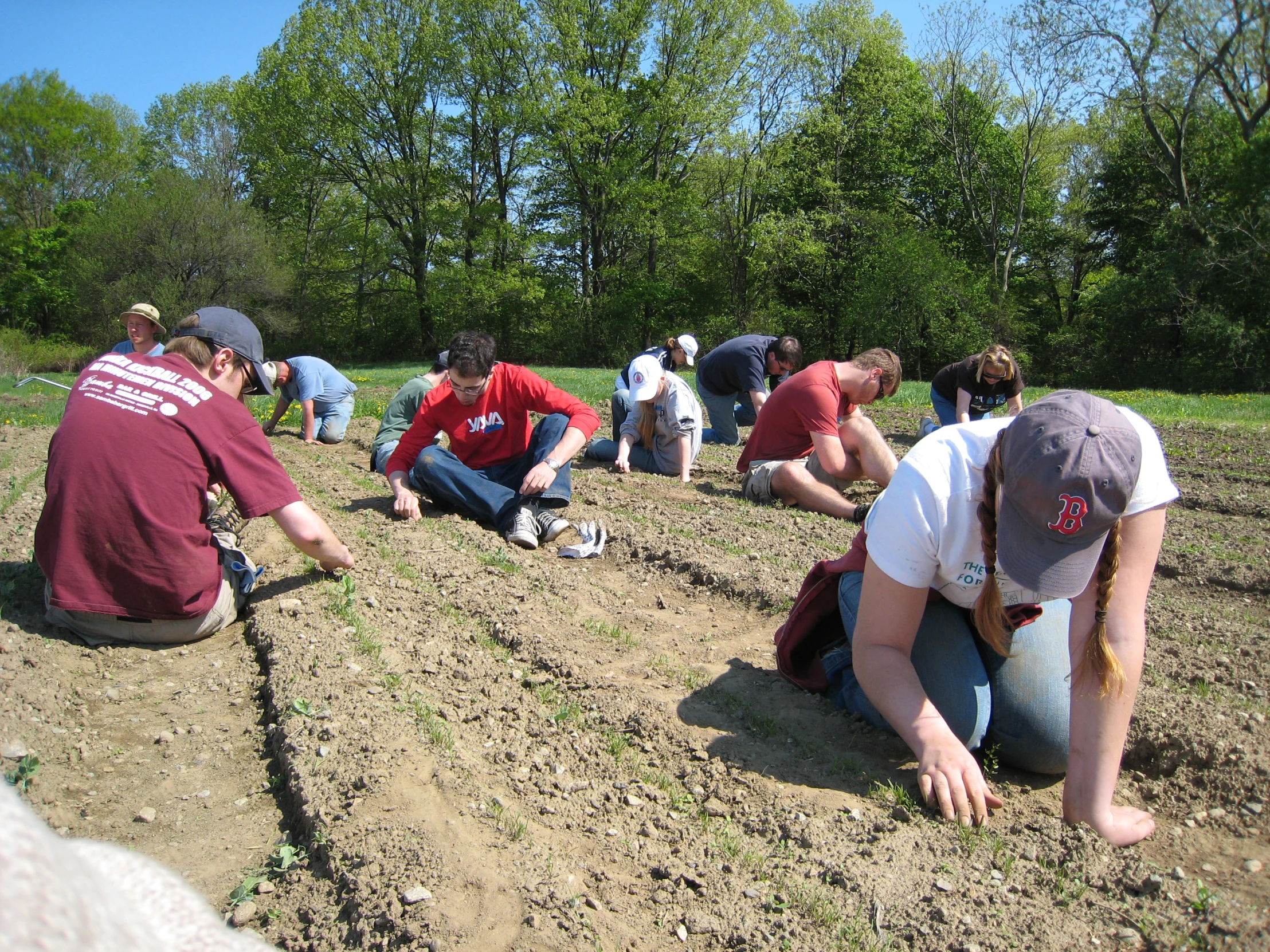 people kneeling down in the dirt with a field