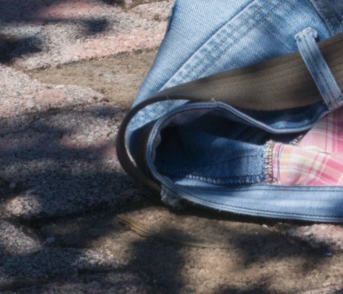 a persons foot in a plaid slipper next to the jeans