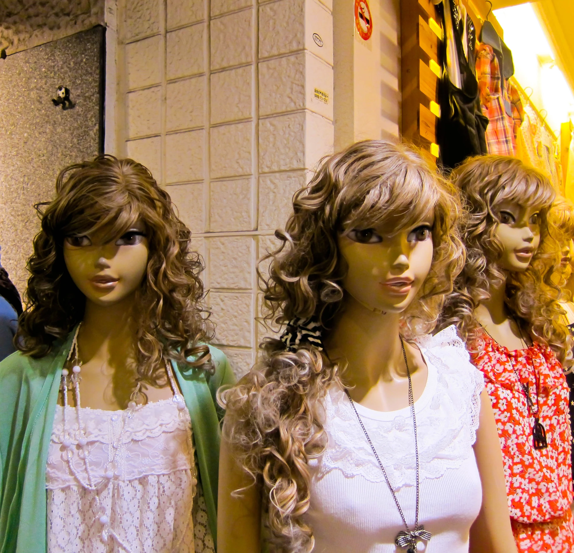 three wigs are arranged in front of the mannequin head