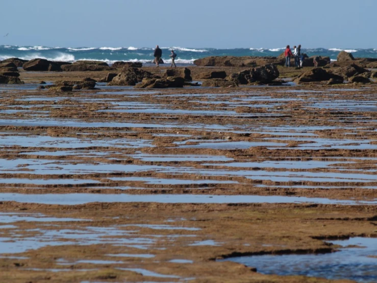 people walking on some rocks in the middle of some water