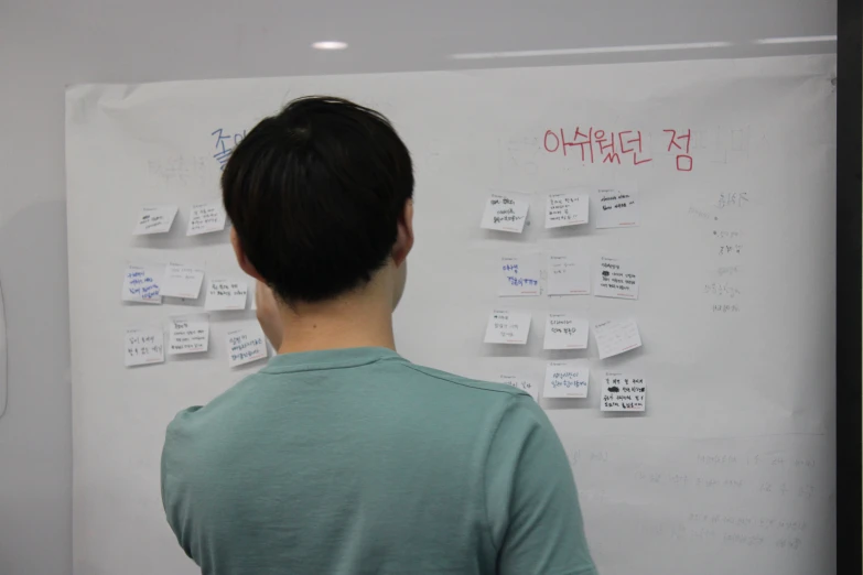 a person looking at a large wall covered with notes