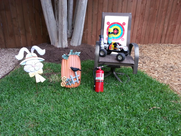 a yard with fake toys that have been placed out