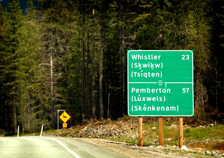 a highway sign on a wooded roadway reads whistler / syldwait