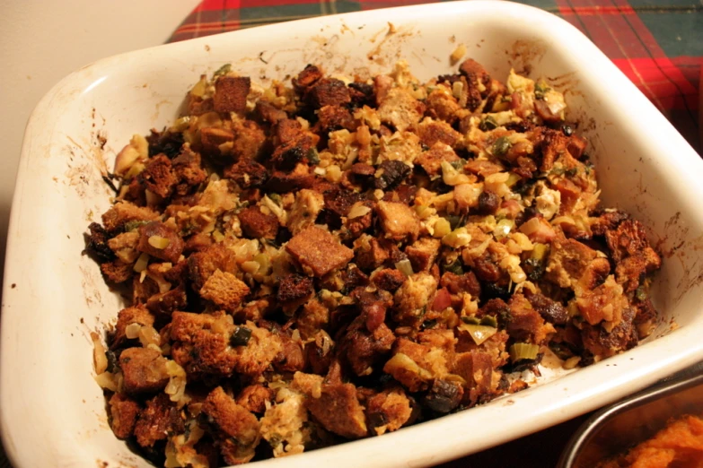 a dish is shown with stuffing in it