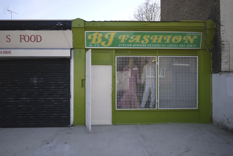 a building with a green door on it