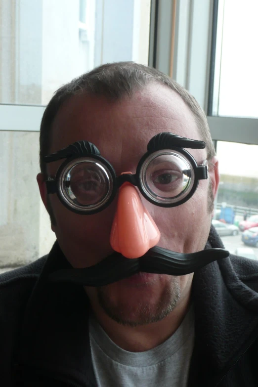 a man wearing a fake mustache with large goggles on his face