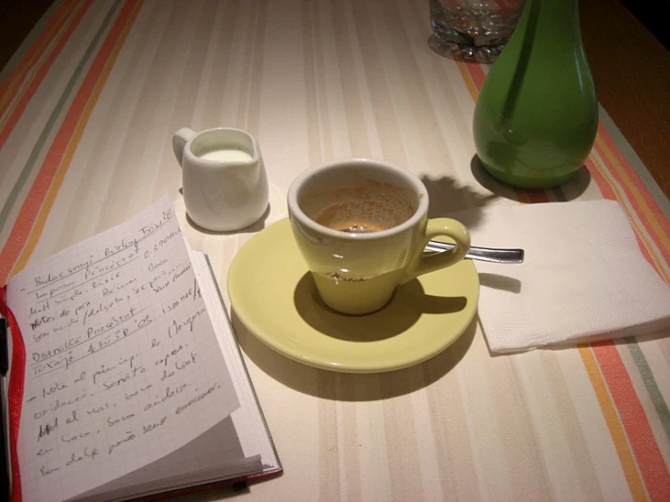 the view from above a yellow coffee cup with cream in it and a notepad beside