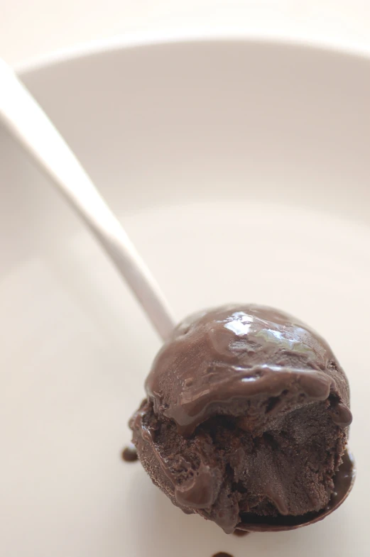 a spoon with chocolate ice cream on top of it