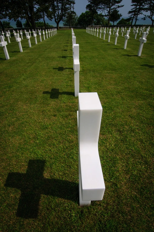 the rows of graves with white bench in them