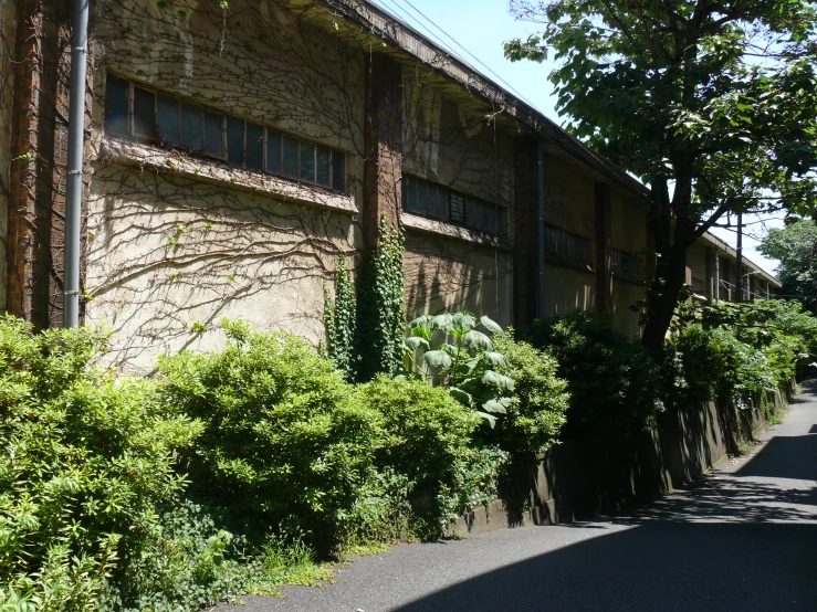 a large brick building surrounded by greenery and bushes