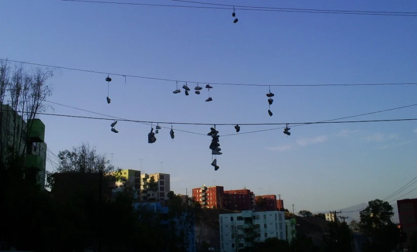 several shoes hanging in the air in a city