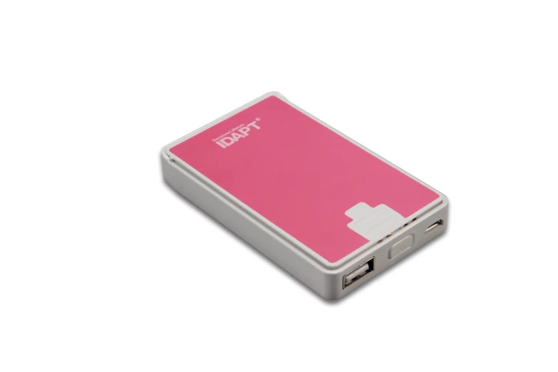 an electronic device with a pink back and white logo