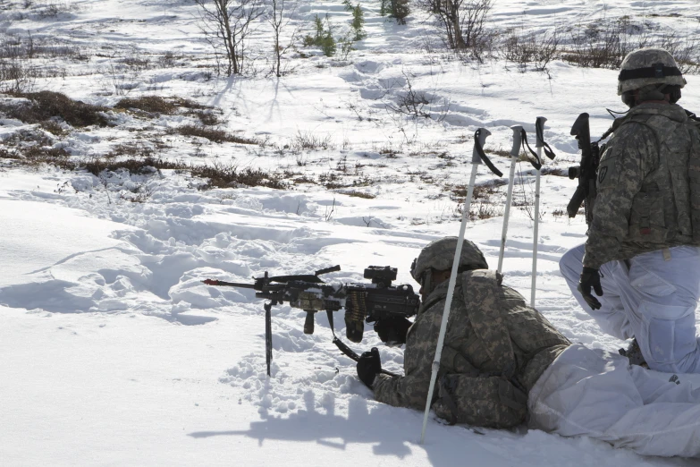 two soldiers in the snow near guns