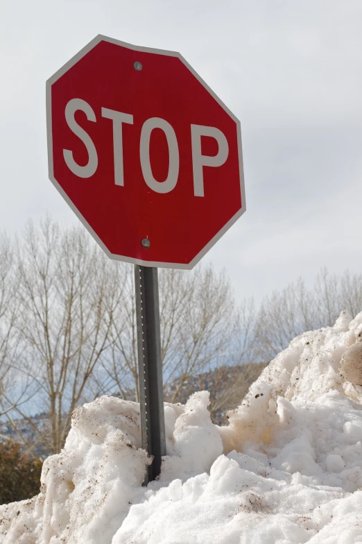 a stop sign on top of some very tall snow