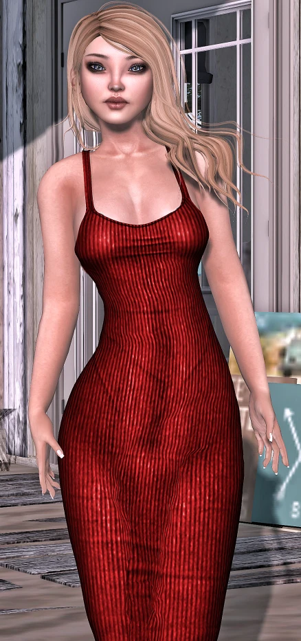 a stylized image of a woman in a red dress