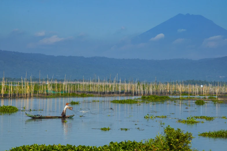 a person on a small boat in a large pond