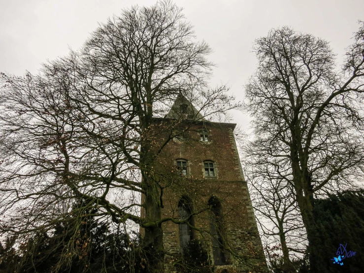 an old clock tower that has vines growing on the top