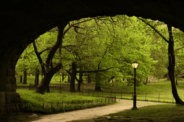 a light that is on on the side of a path