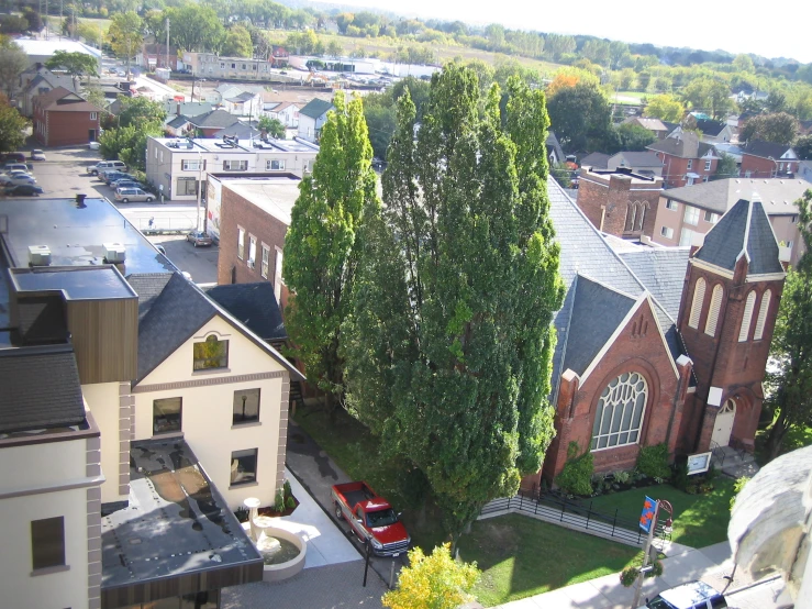 the view from above of several church buildings