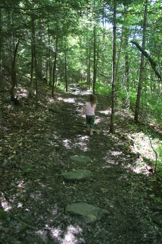 a woman walking through the woods with green trees