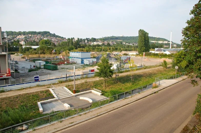 a skate park in the foreground of a town