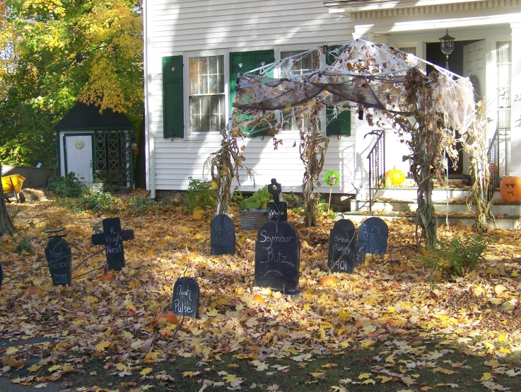 a home with leaves in the grass with headstones