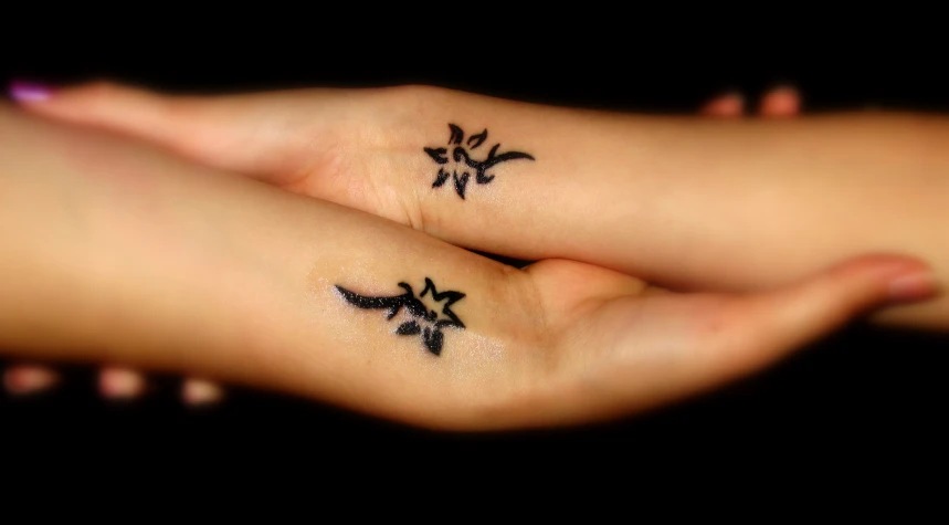 two small tattoos on two hands with one finger