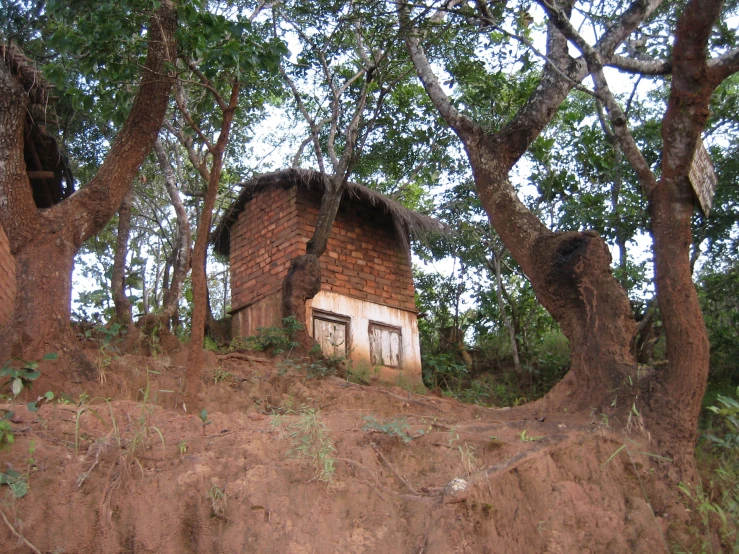 a little cabin sitting out on a hill between trees