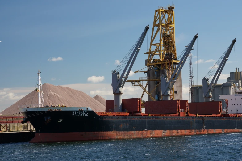 an industrial port with large cranes and a ship in the water