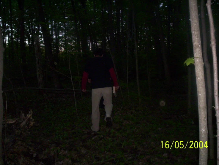 a man walks through the woods on a path