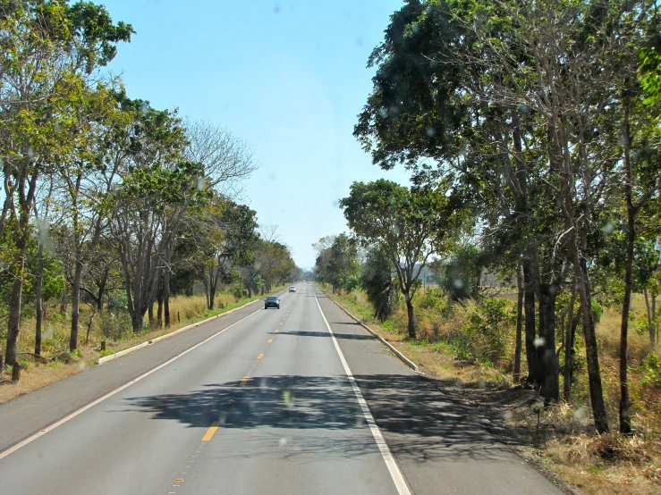 a lone car traveling down a straight tree lined road