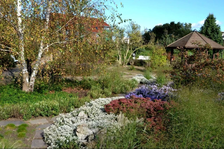 a park with trees and flowers in the background